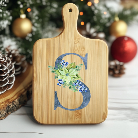 Blue Christmas Initial Wooden Cutting Board