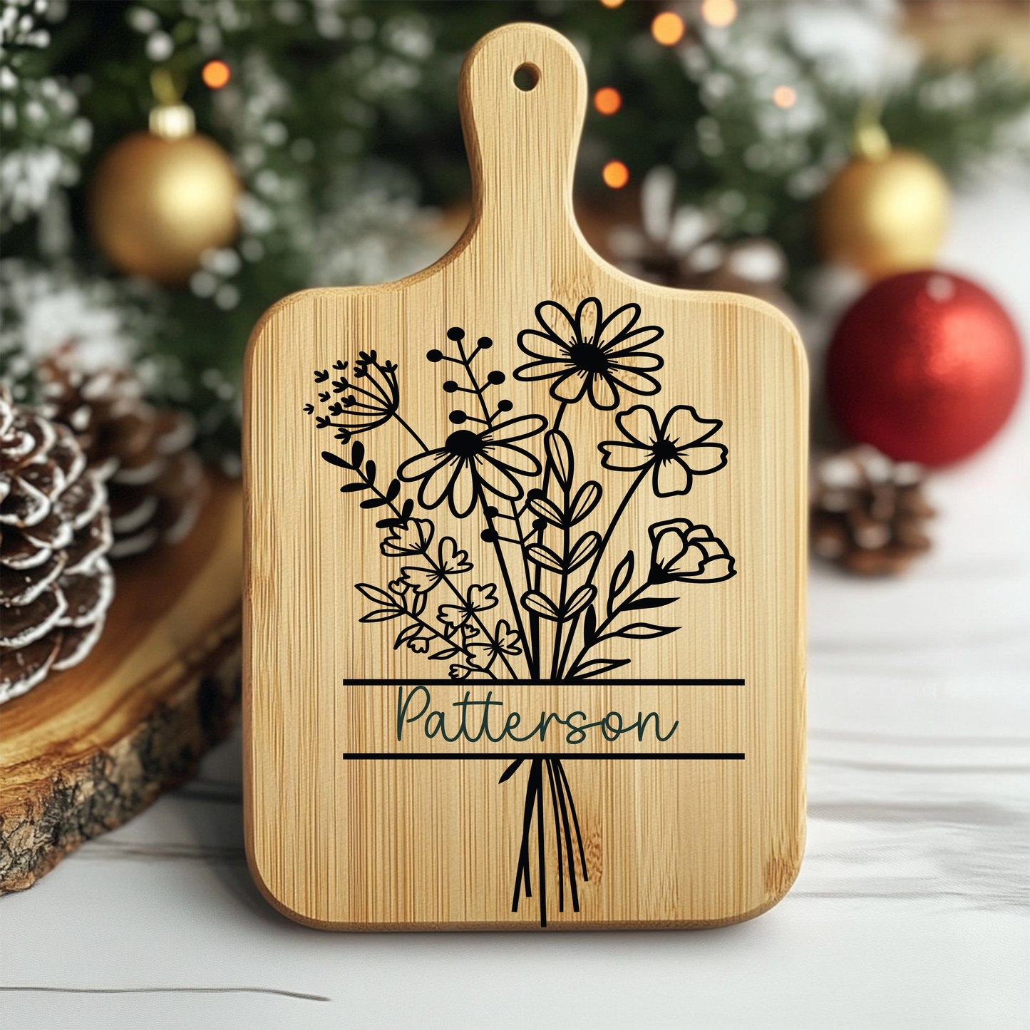 Personalized Name Floral Bouquet Wooden Cutting Board