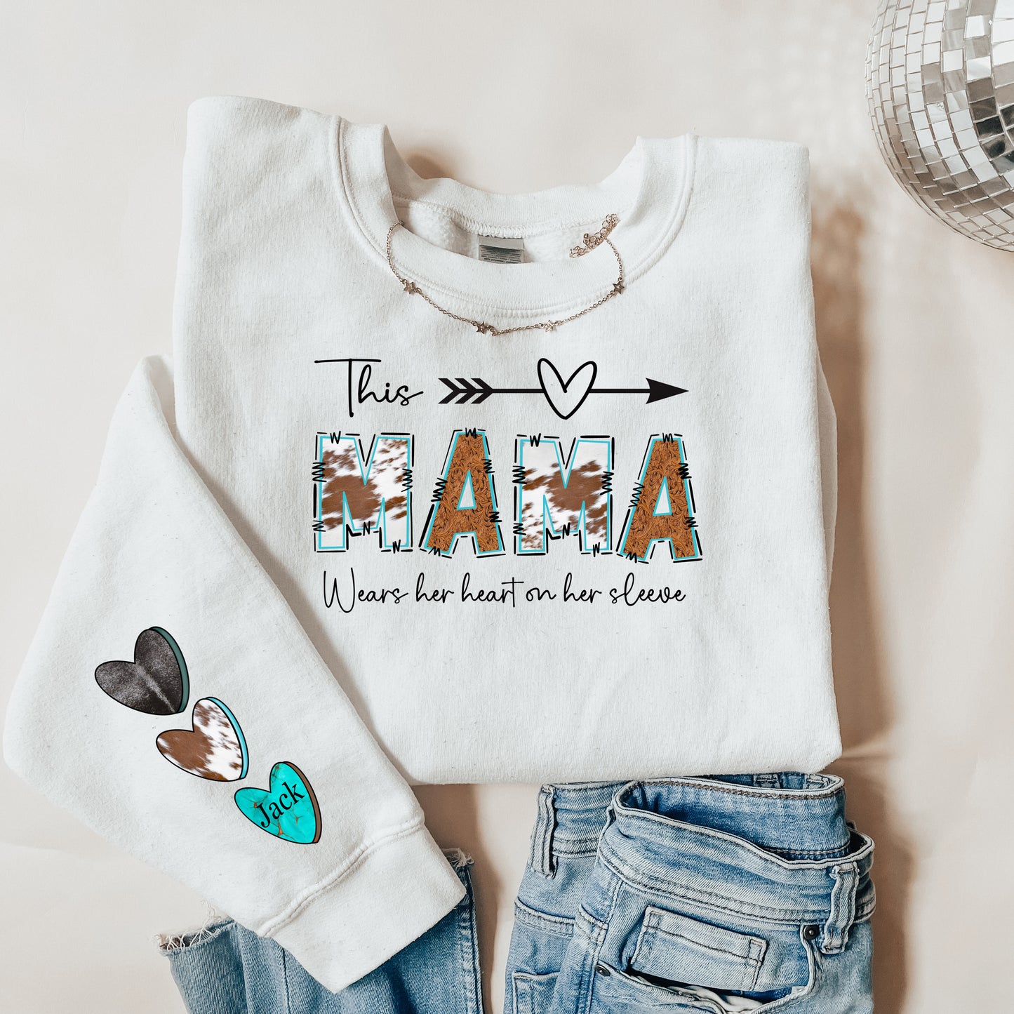 Mama Wears Her Heart on Her Sleeve' Sweatshirt Cowhide - Stylish Expression of Love