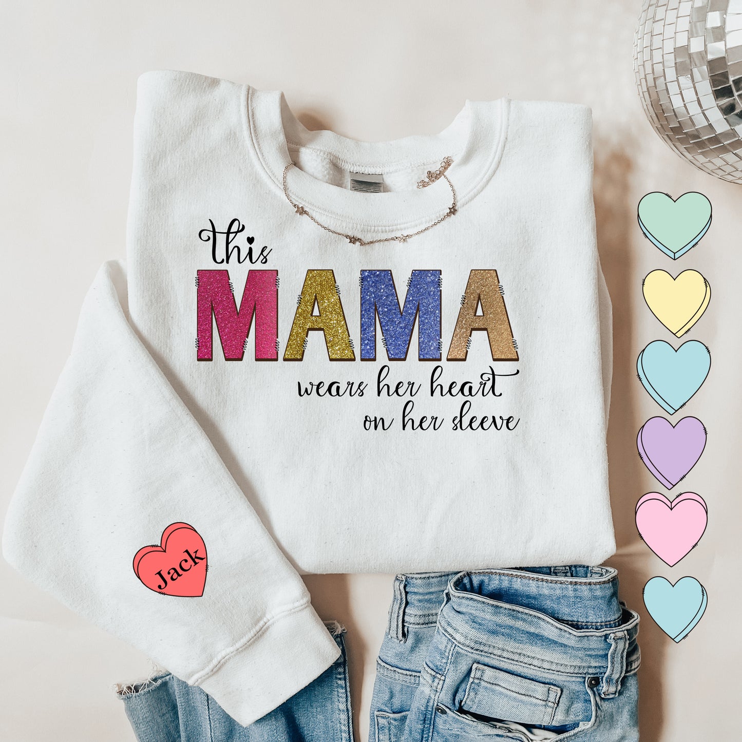 Mama Wears Her Heart on Her Sleeve' Sweatshirt Glitter- Stylish Expression of Love