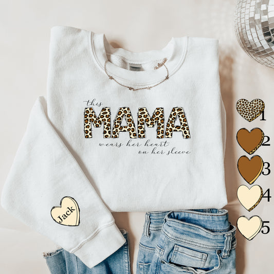 Mama Wears Her Heart on Her Sleeve' Sweatshirt Leopard- Stylish Expression of Love