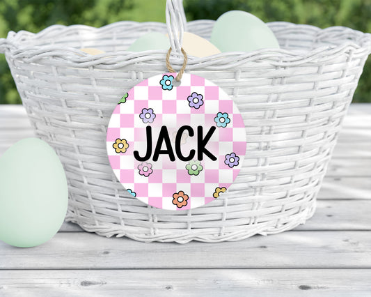 Pink Checkered Flower Easter Tag