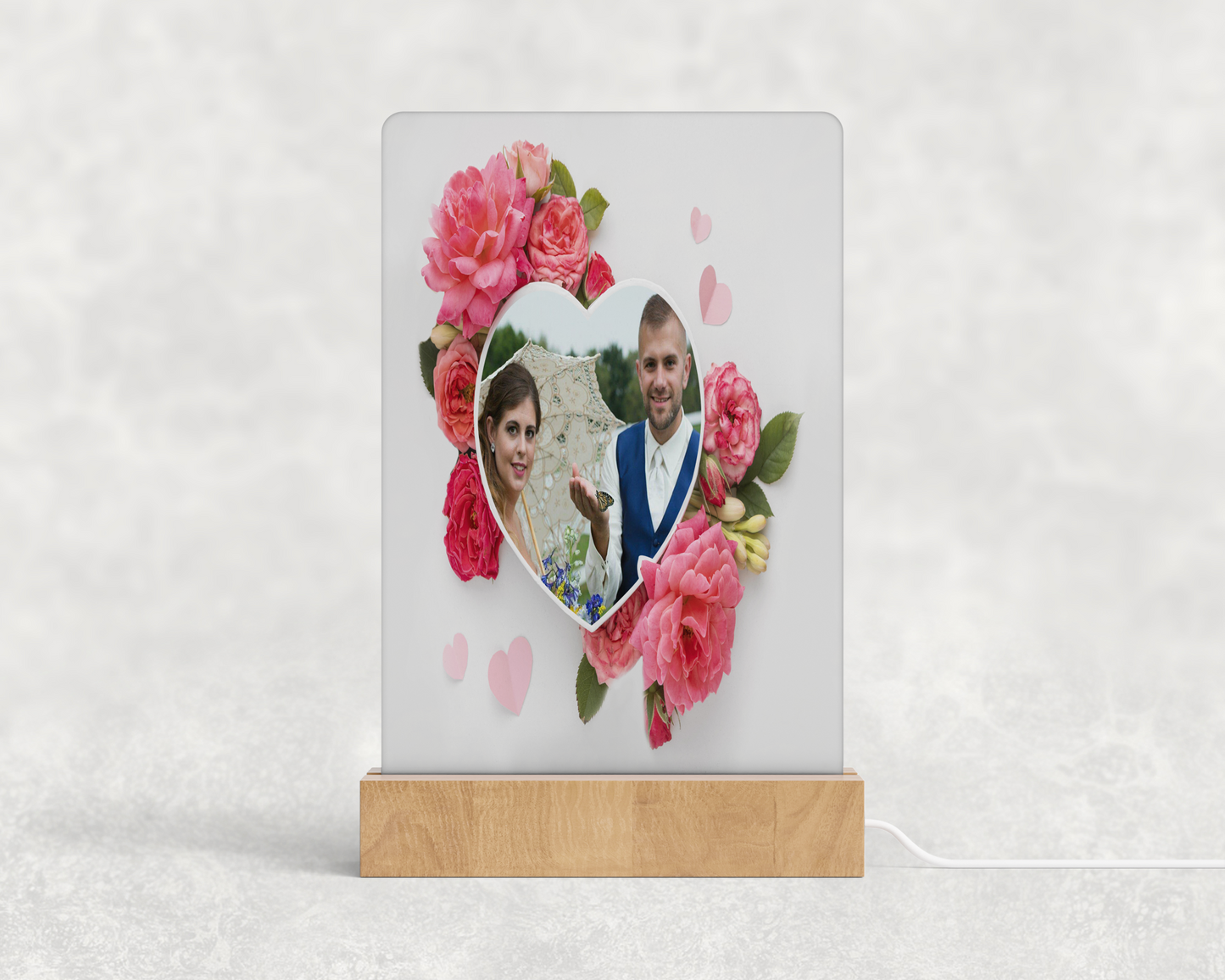 Rose Hearts Personalized Photo Light-Up Plaque with Wooden Stand