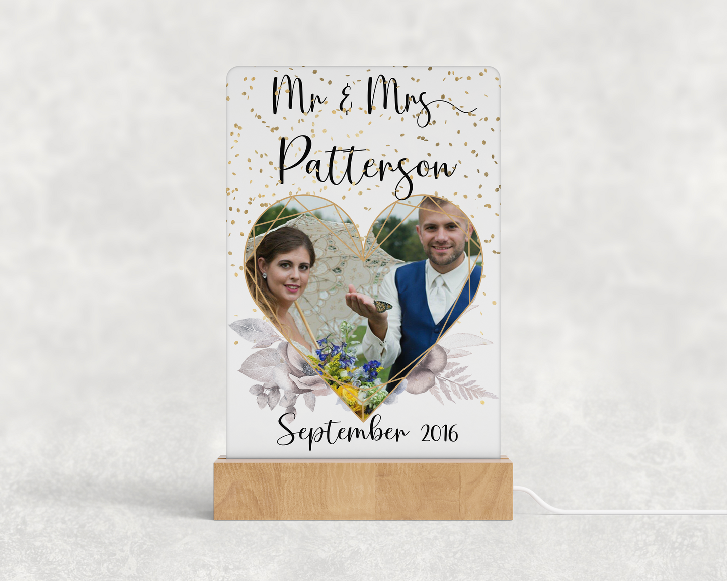 Personalized Wedding Photo Light-Up Plaque with Wooden Stand